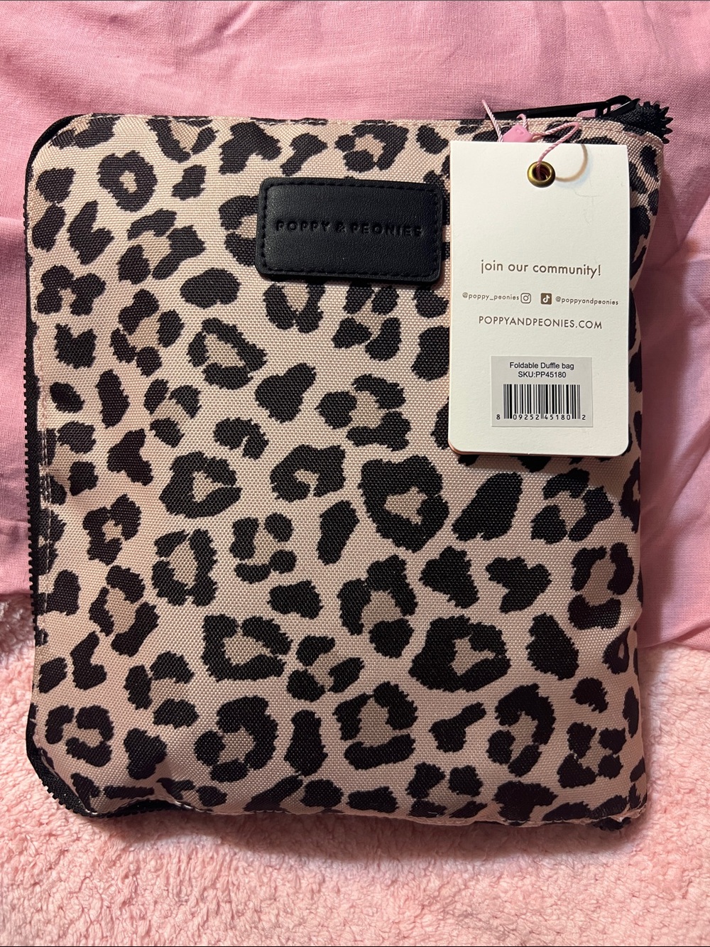 Poppy & Peonies Pink and Black Leopard Foldable Duffel